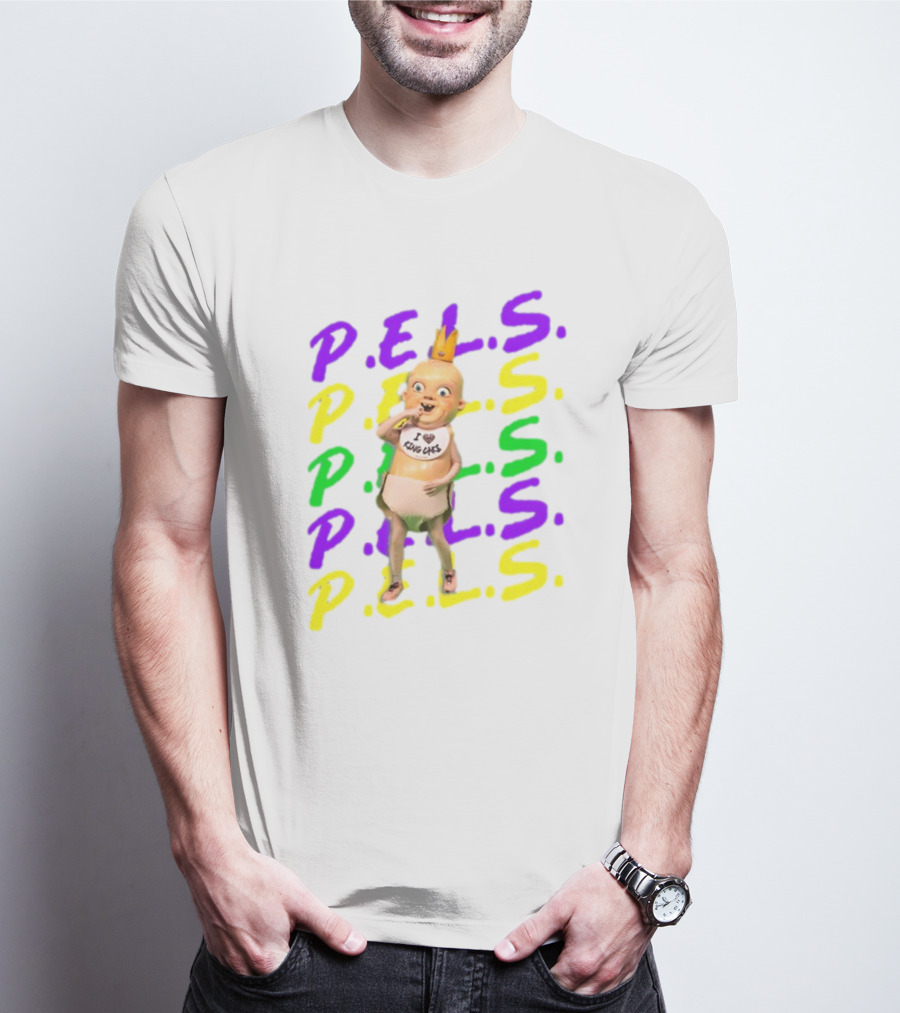 P.E.L.S King Cakes Baby Icon Text In Purple Green Yellow T-Shirt