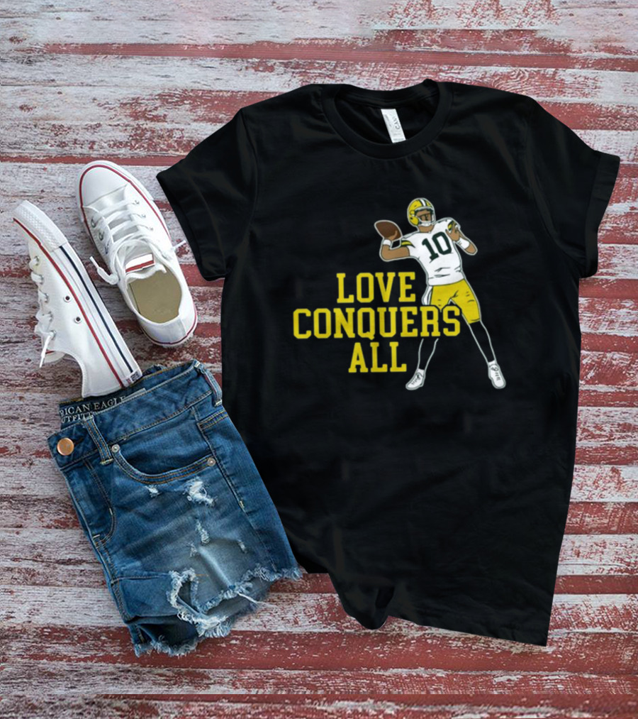 Love Conquers All Green And Yellow Number 10 Football Player T-Shirt