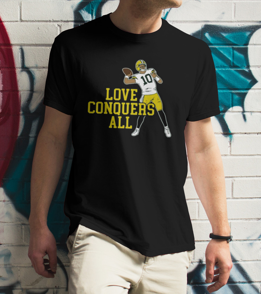 Love Conquers All Green And Yellow Number 10 Football Player T-Shirt