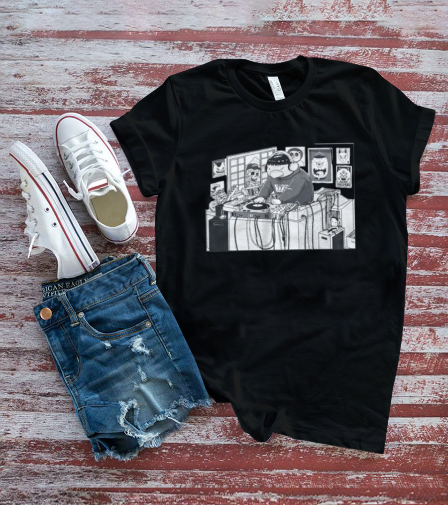 Yokai Beats DJ Mixing In Studio With Japanese Mask Collection T-Shirt