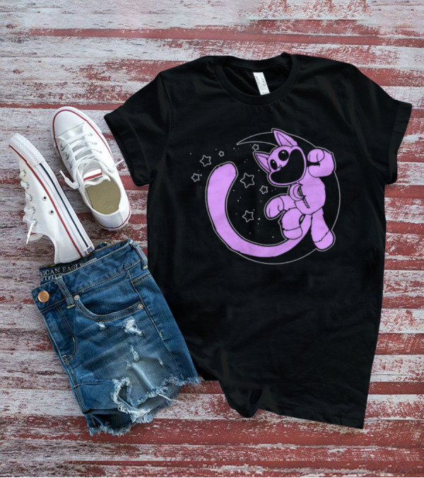 Purple Cartoon Cat With Stars And Moon T-Shirt