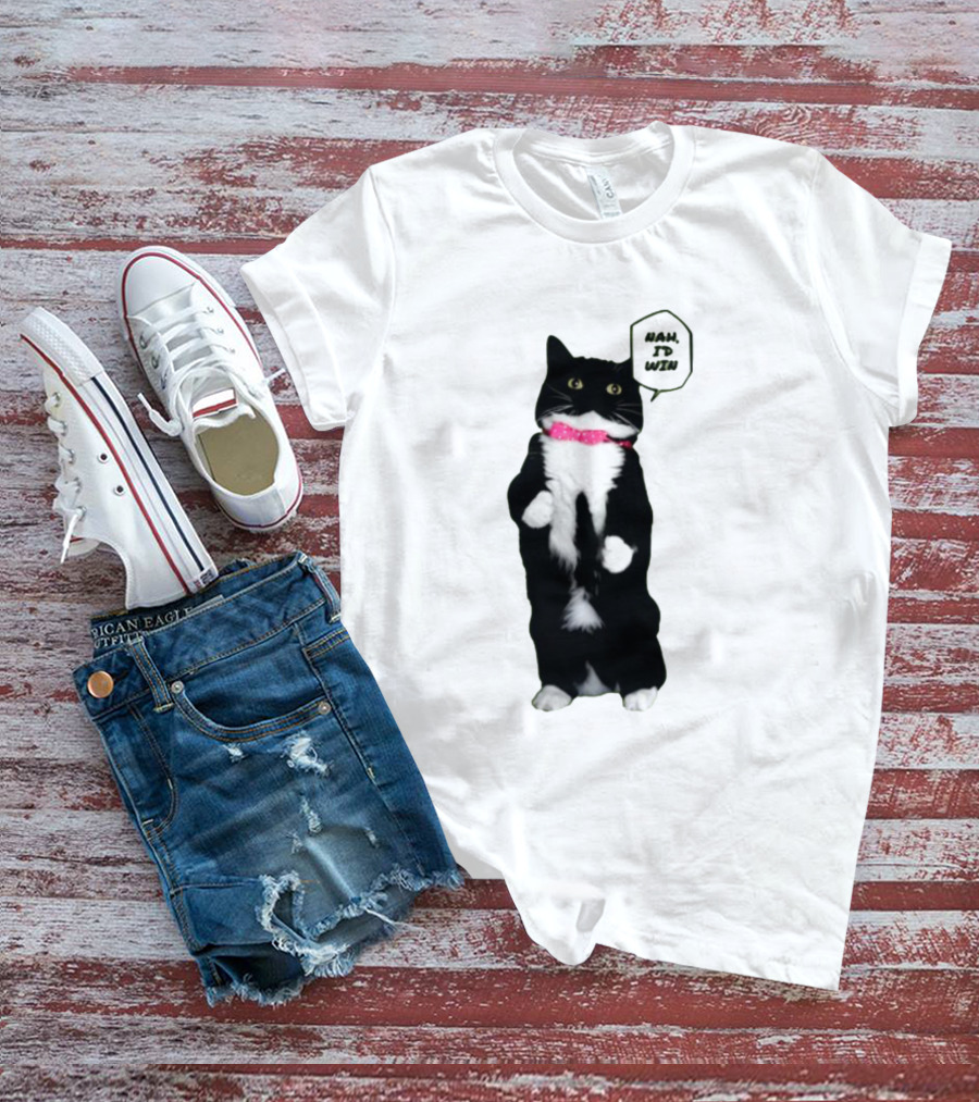 Nah I'd Win Cat Pink Collar Black And White Feline T-Shirt
