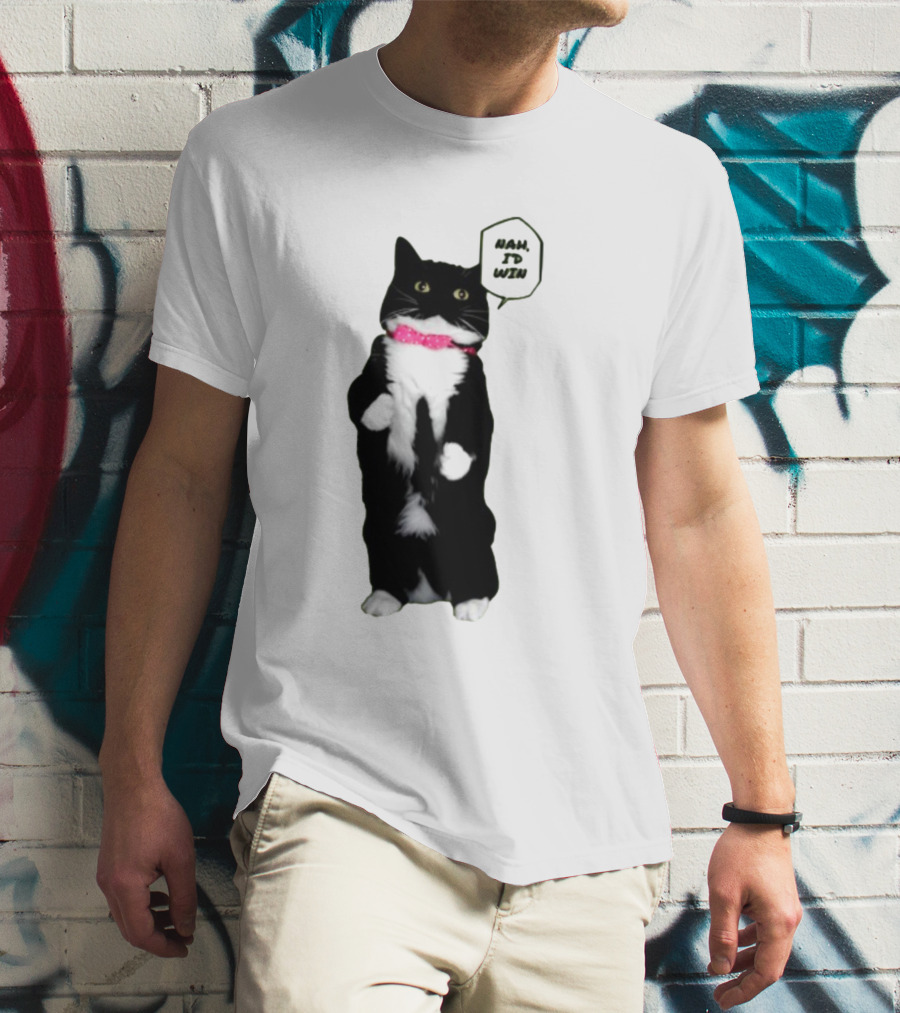 Nah I'd Win Cat Pink Collar Black And White Feline T-Shirt