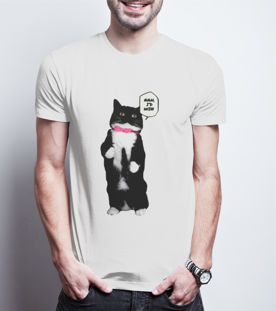 Nah I'd Win Cat Pink Collar Black And White Feline T-Shirt