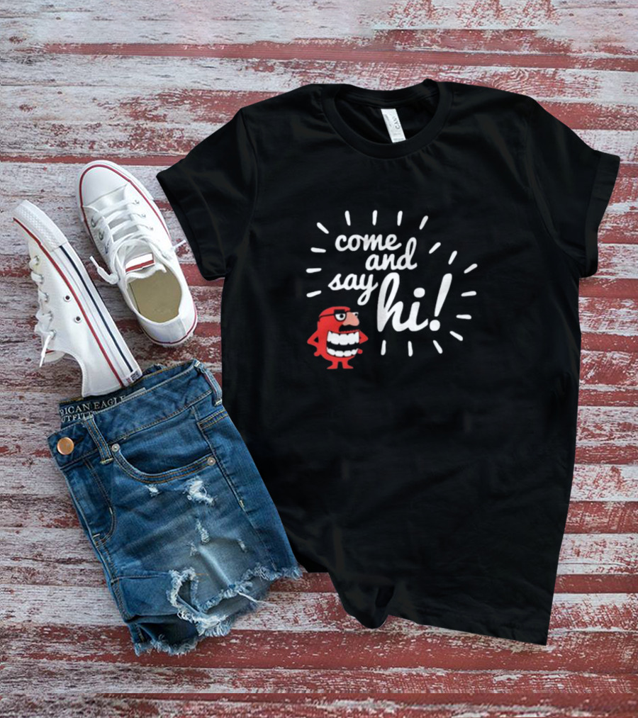 Ministryoftesting Come And Say Hi Red Cartoon Character T-Shirt