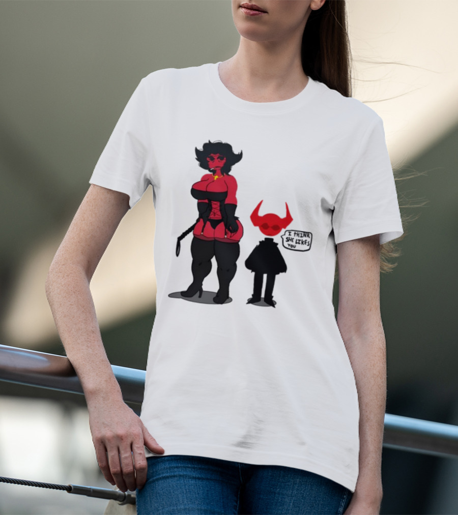 Thewboy Red Character With Devil Horns I Think She Likes You T-Shirt