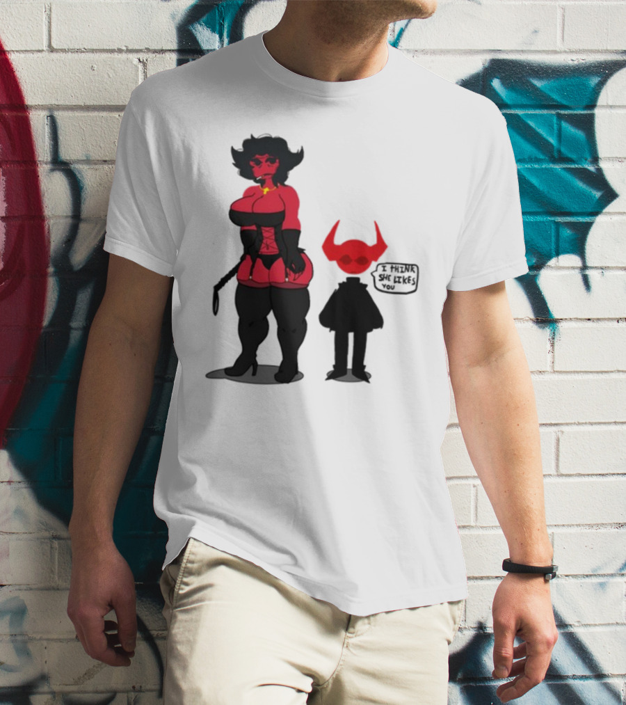 Thewboy Red Character With Devil Horns I Think She Likes You T-Shirt