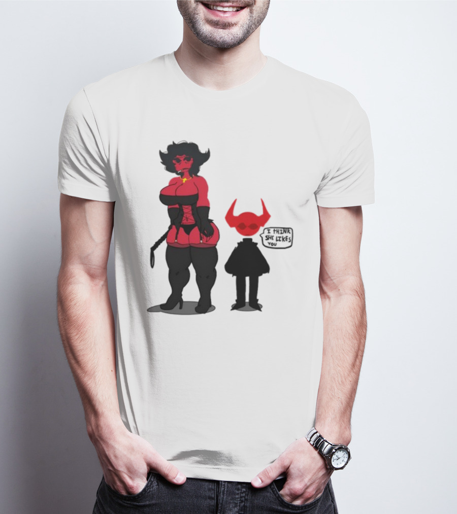 Thewboy Red Character With Devil Horns I Think She Likes You T-Shirt