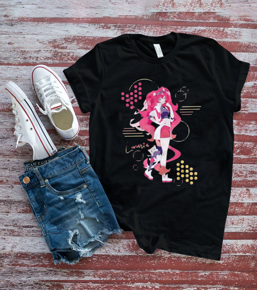 Lunaria Streetwear Pink Hair Girl With Cat And Circles T-Shirt
