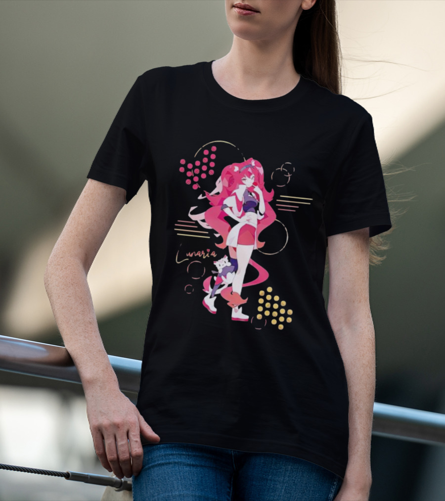 Lunaria Streetwear Pink Hair Girl With Cat And Circles T-Shirt