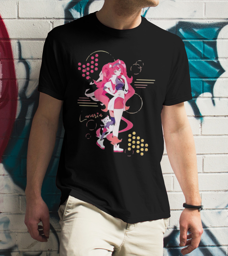 Lunaria Streetwear Pink Hair Girl With Cat And Circles T-Shirt