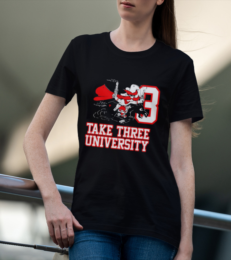 Take Three University Cowboy Mascot With Dual Pistols Number 3 T-Shirt