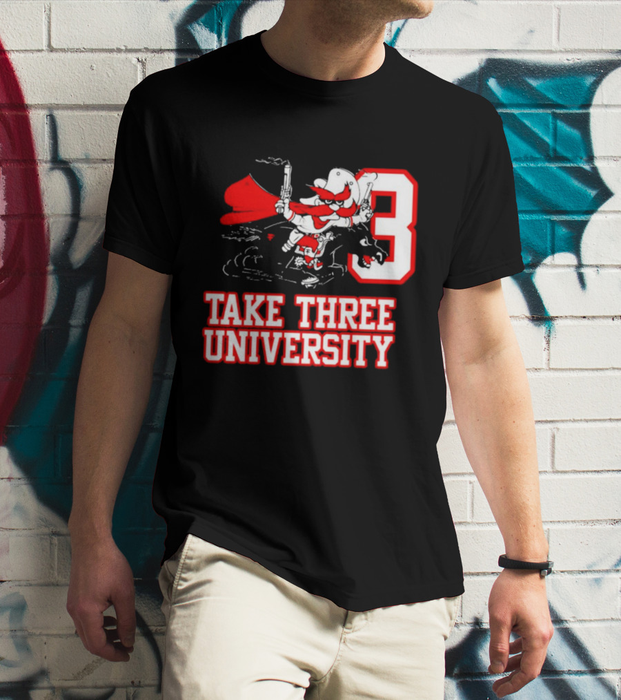 Take Three University Cowboy Mascot With Dual Pistols Number 3 T-Shirt
