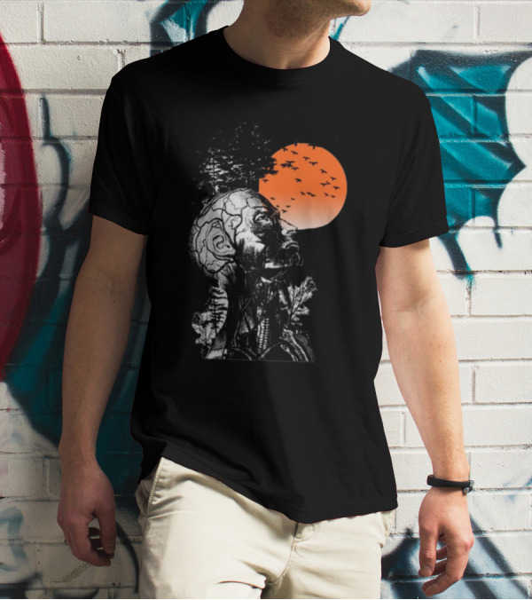 Hangover Alan Human Anatomy Tree Brain Pattern Orange Moon Dark Khaki T-Shirt