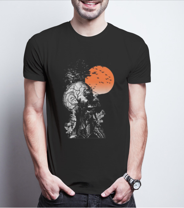 Hangover Alan Human Anatomy Tree Brain Pattern Orange Moon Dark Khaki T-Shirt