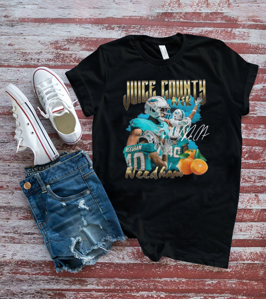 Clincboyzclothing Juice County Nik Needham Dolphins Football Player Signature Oranges T-Shirt