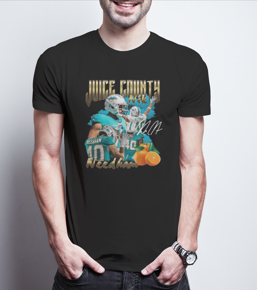 Clincboyzclothing Juice County Nik Needham Dolphins Football Player Signature Oranges T-Shirt