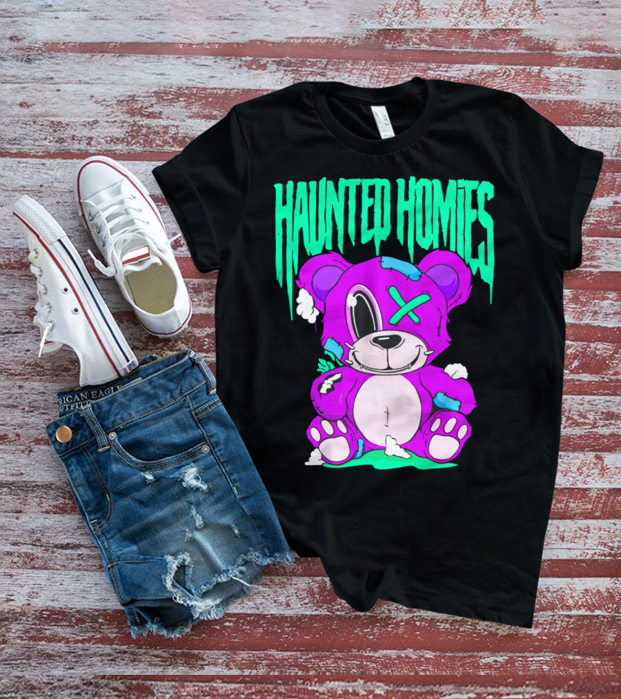 HAUNTED HOMIES Purple Teddy Bear Crossed Eye Patchwork T-Shirt