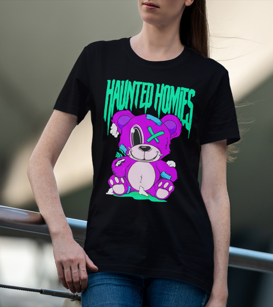 HAUNTED HOMIES Purple Teddy Bear Crossed Eye Patchwork T-Shirt