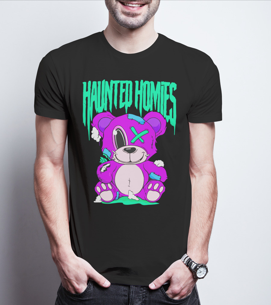 HAUNTED HOMIES Purple Teddy Bear Crossed Eye Patchwork T-Shirt