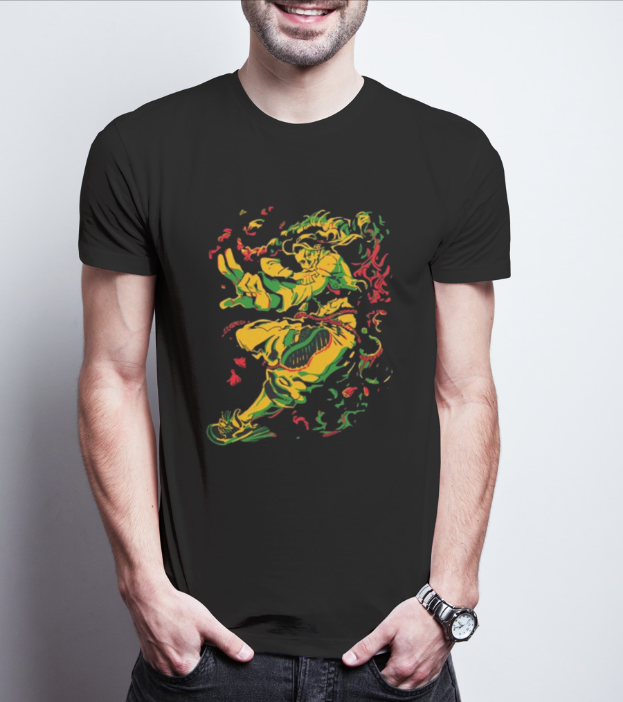 Theyetee Jamie Street Fighter Character Dynamic Pose With Colorful Energy Explosion T-Shirt