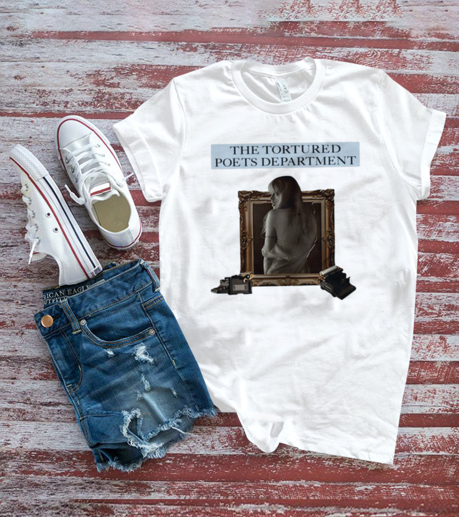 Chartsandshirts The Tortured Poets Department Framed Figure With Books And Typewriter T-Shirt