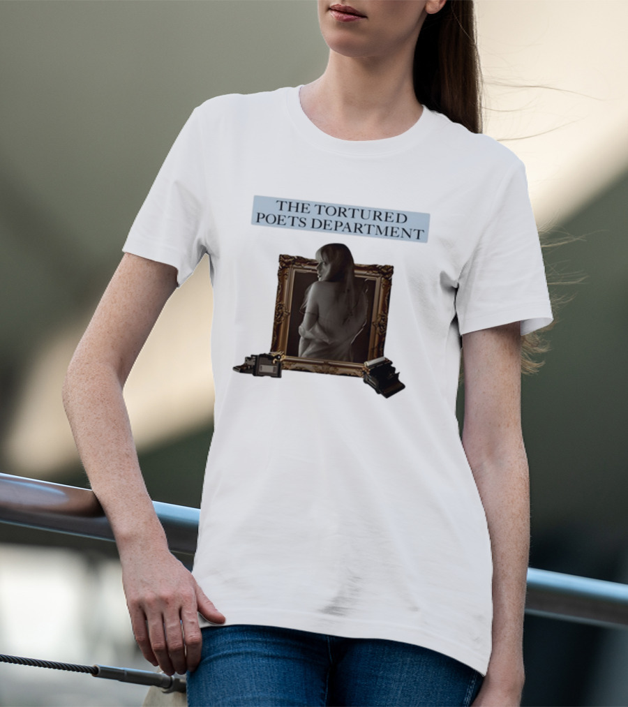 Chartsandshirts The Tortured Poets Department Framed Figure With Books And Typewriter T-Shirt