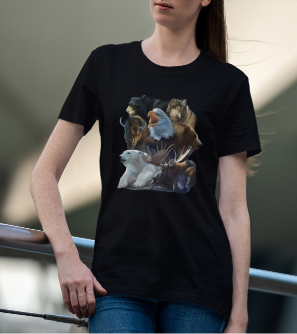 Wild Animal Collage Bear Wolf Eagle Moose Bison Polar Bear Crewneck T-Shirt