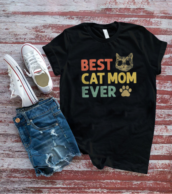 Best Cat Mom Ever Vintage Cat With Sunglasses And Paw Prints T-Shirt