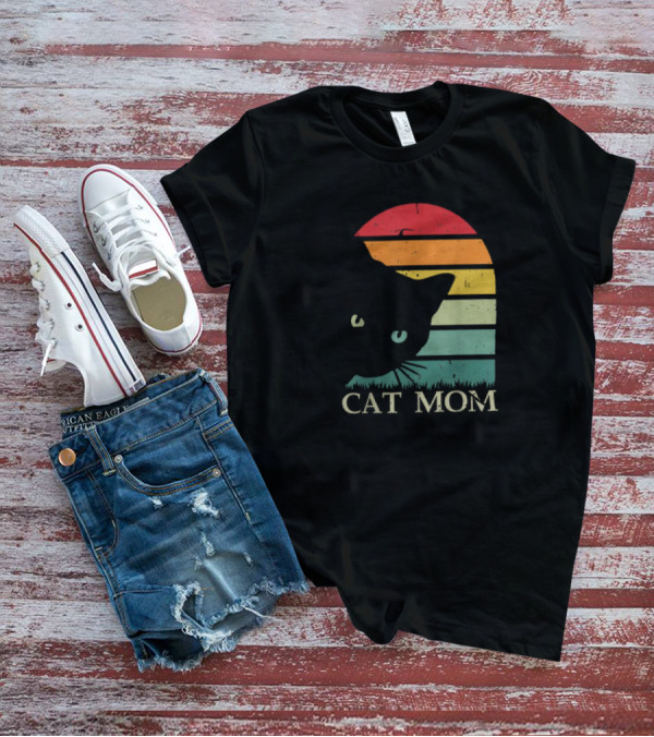 Vintage Cat Mom For Women Funny Cat Mom Mother Retro Sunset Cat T-Shirt