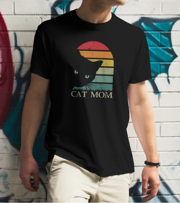 Vintage Cat Mom For Women Funny Cat Mom Mother Retro Sunset Cat T-Shirt