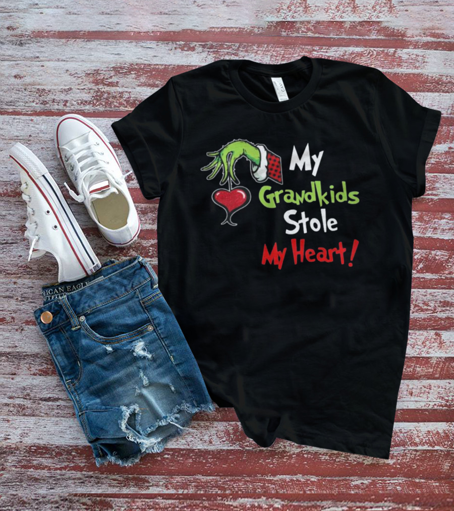 Grinch Green Monster Christmas My Grandkids Stole My Heart Kids Textured Sleeves T-Shirt