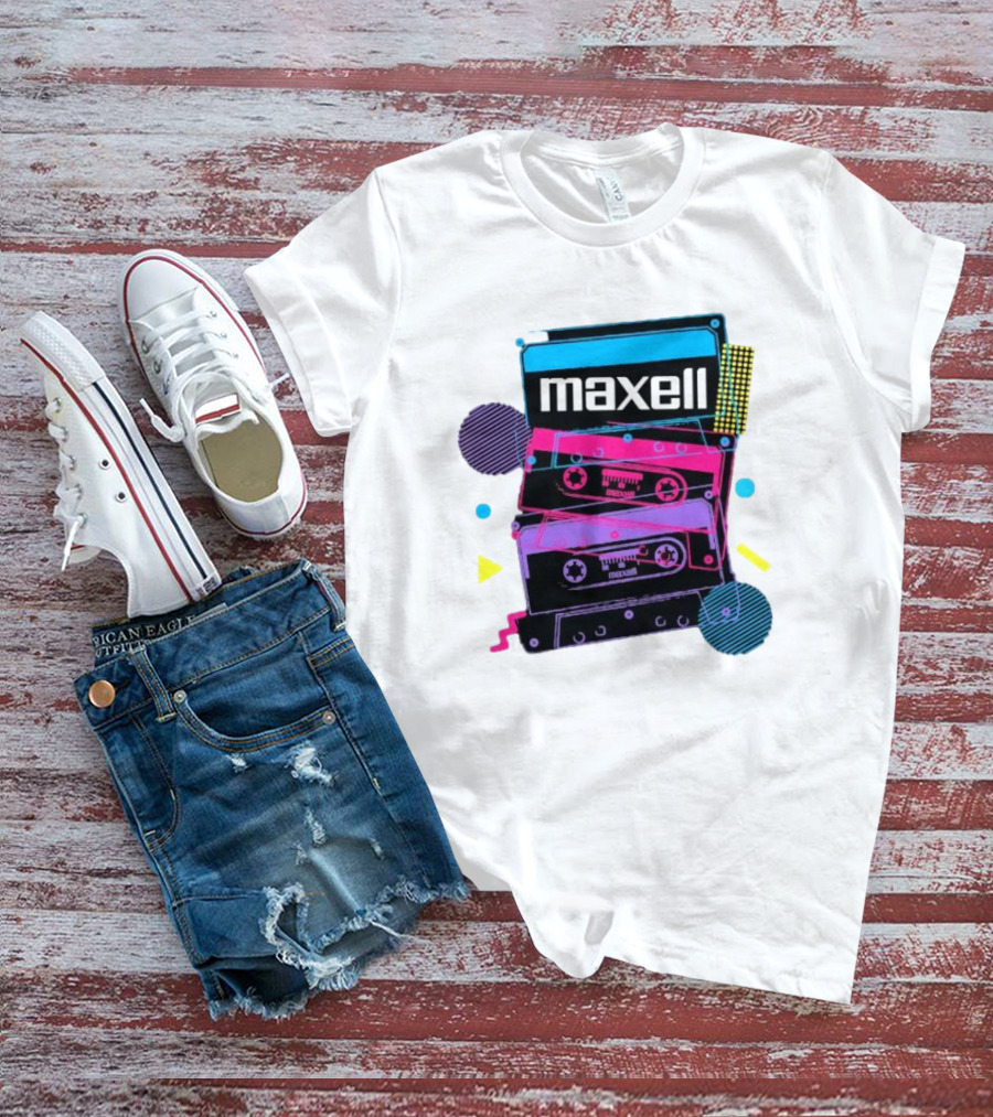 Maxell Retro Cassette Stack Vibrant Neon Aesthetic T-Shirt