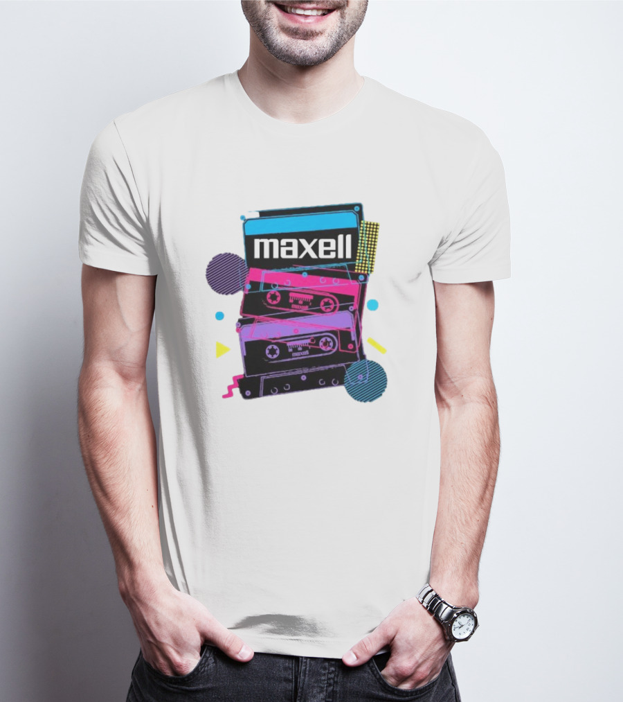 Maxell Retro Cassette Stack Vibrant Neon Aesthetic T-Shirt