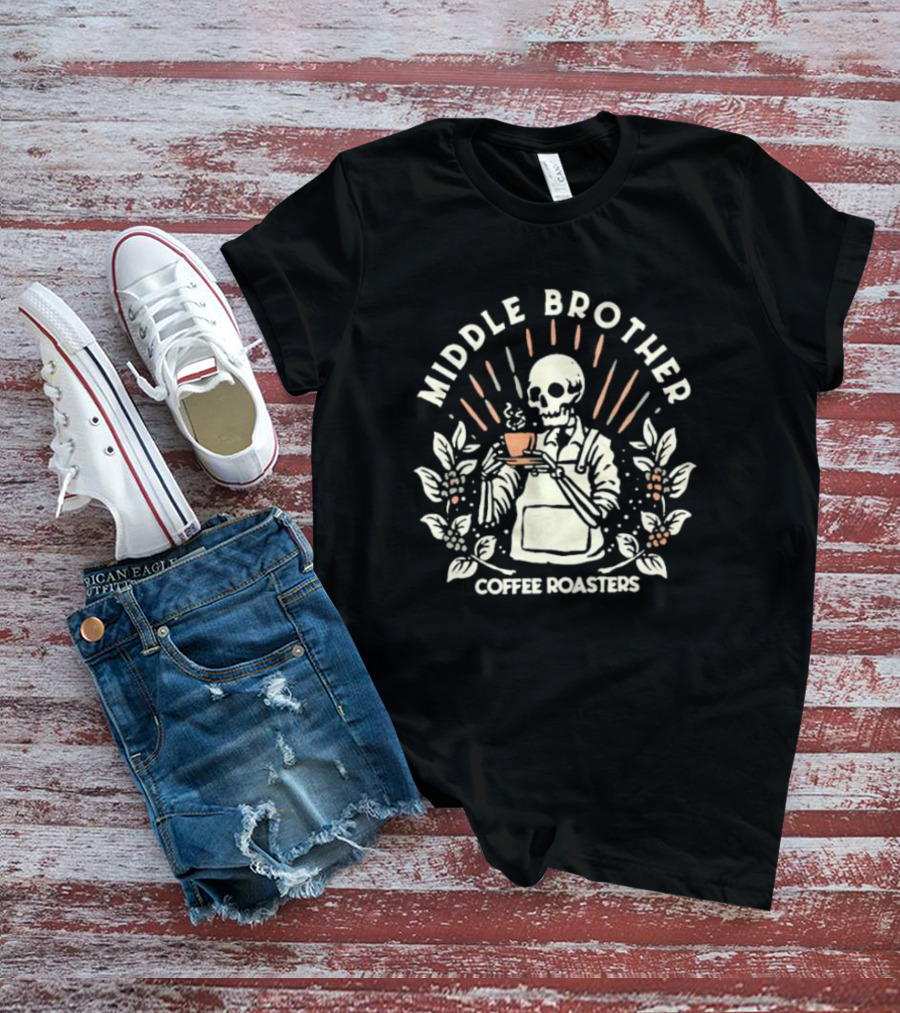 Middle Brother Coffee Roasters Skeleton Barista Holding Coffee Cup T-Shirt