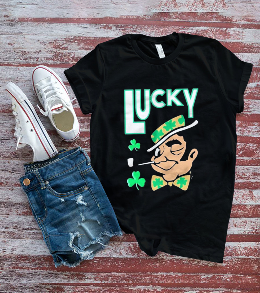 Boston Celtics Lucky The Leprechaun Shamrock Winking Pipe T-Shirt