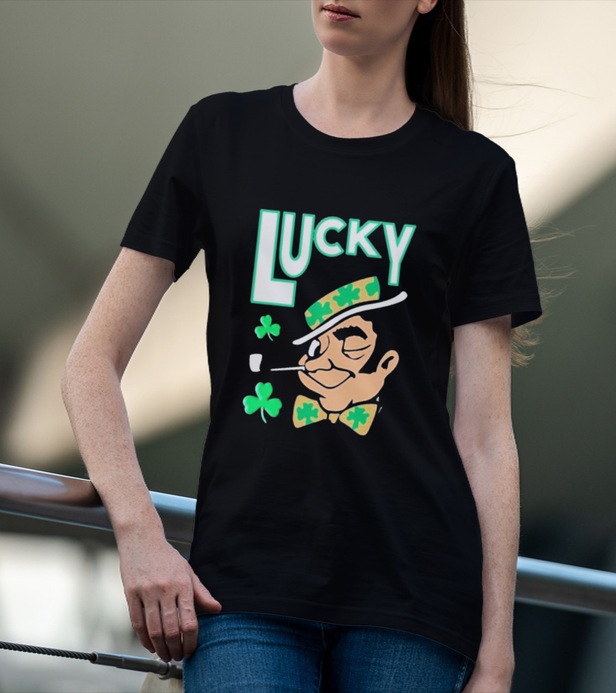 Boston Celtics Lucky The Leprechaun Shamrock Winking Pipe T-Shirt