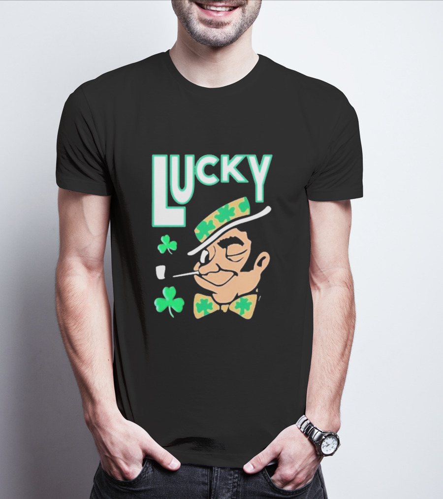 Boston Celtics Lucky The Leprechaun Shamrock Winking Pipe T-Shirt