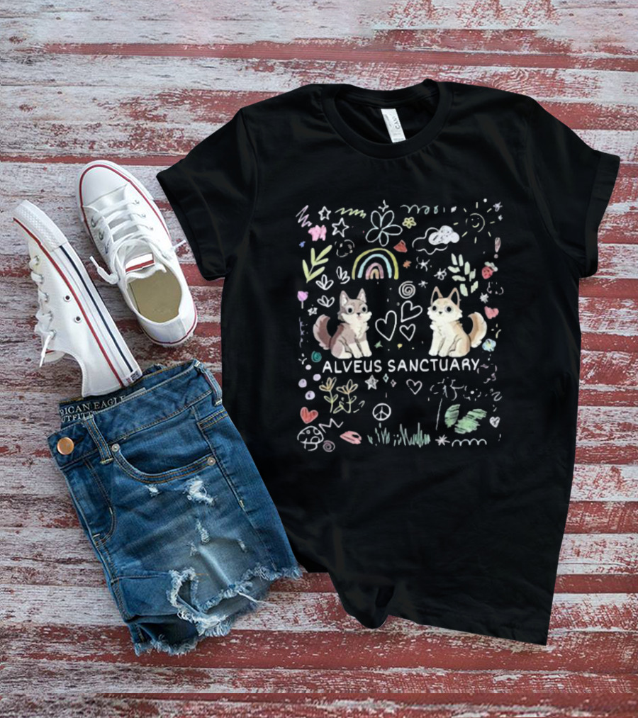 Alveus Sanctuary Wolf Doodle Rainbow Hearts Peace Signs Clouds Stars T-Shirt