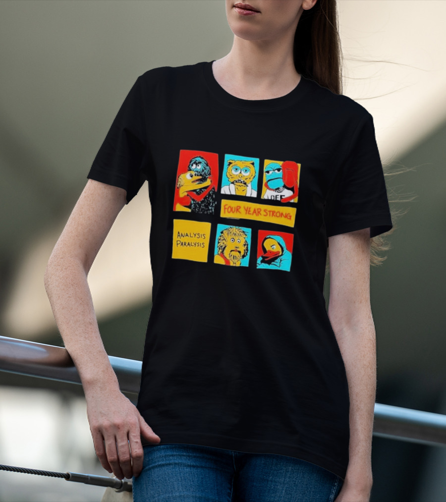 Four Year Strong Analysis Paralysis Characters In Colorful Panels T-Shirt
