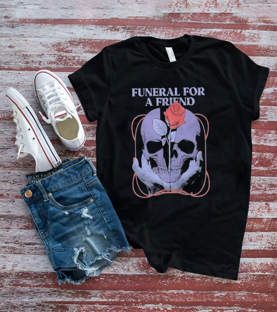 FUNERAL FOR A FRIEND SKULL ROSE DOUBLE HAND HOLDING SYMBOLISM T-Shirt