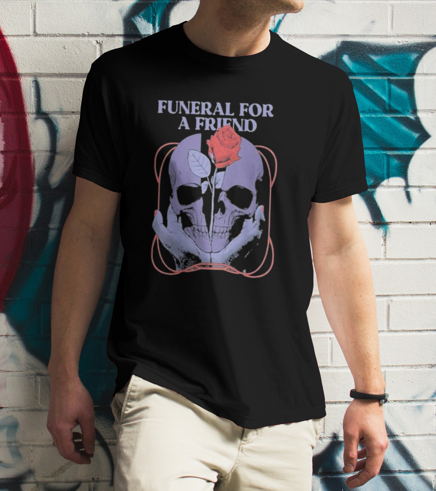 FUNERAL FOR A FRIEND SKULL ROSE DOUBLE HAND HOLDING SYMBOLISM T-Shirt