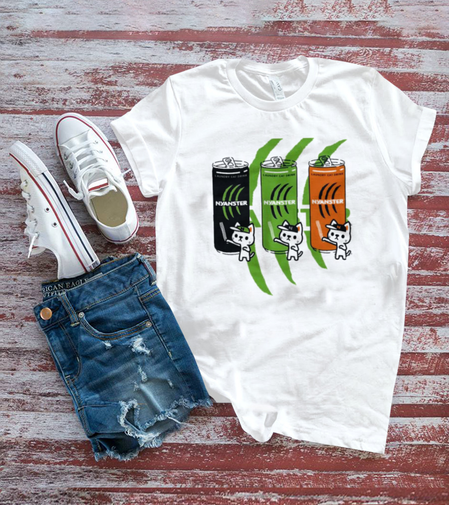 Laundry Cat Drink Nyanster Cans With Three Cats T-Shirt