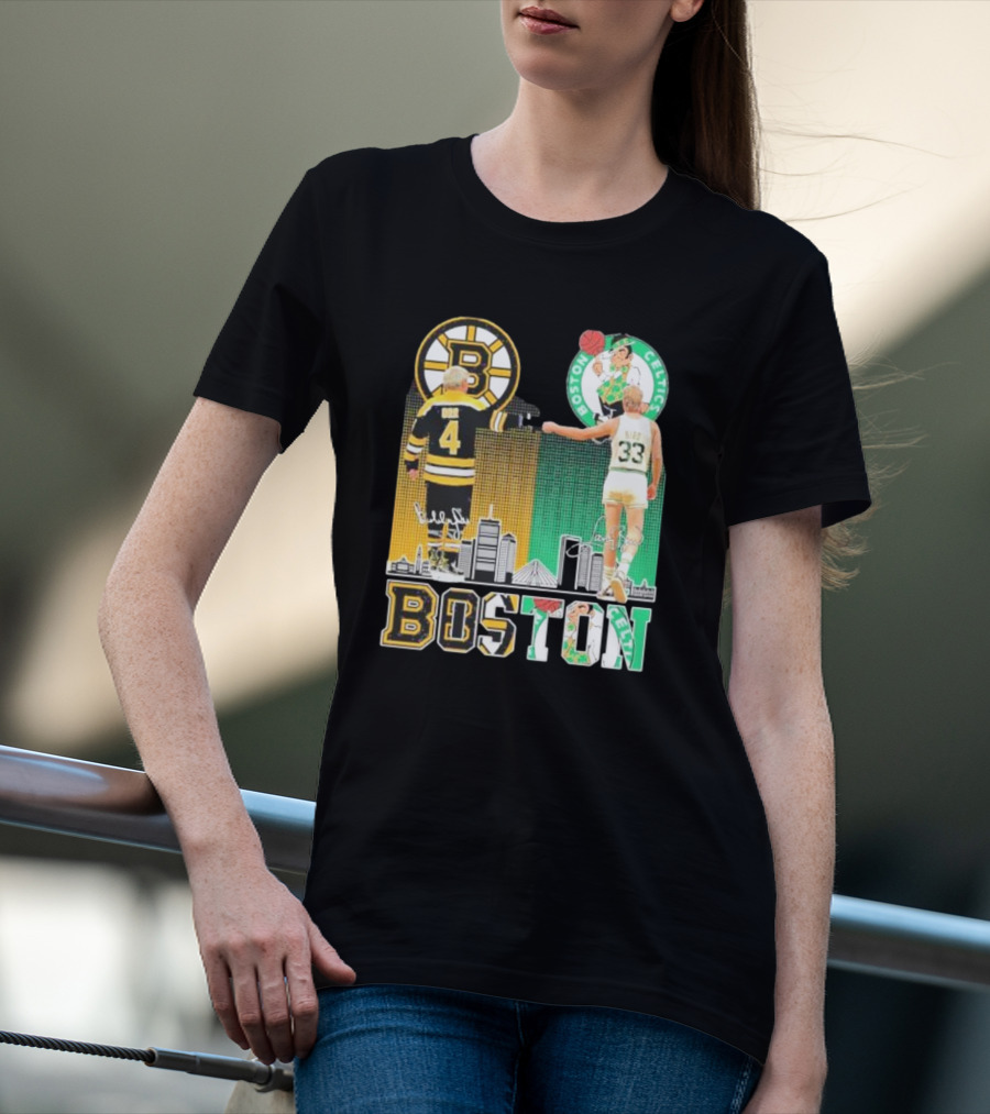 Bobby Orr Boston Bruins Larry Bird Boston Celtics Skyline Signatures Logos And Boston Text T-Shirt