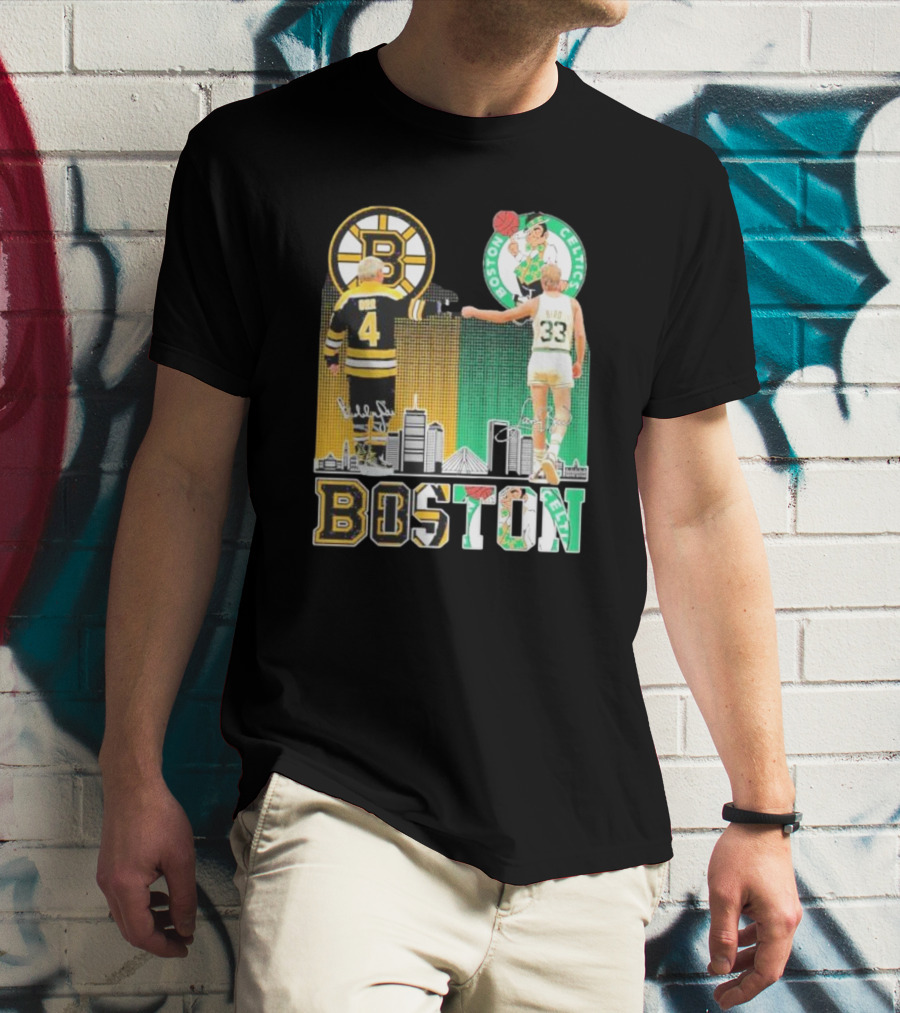 Bobby Orr Boston Bruins Larry Bird Boston Celtics Skyline Signatures Logos And Boston Text T-Shirt