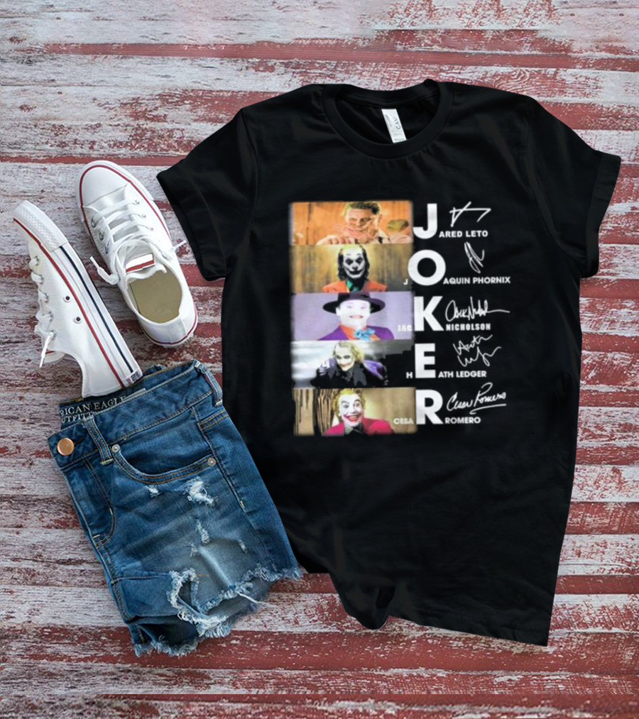 Joker Jared Leto Joaquin Phoenix Jack Nicholson Heath Ledger Cesar Romero Signatures DC Comics Movies All Stars Eras T-Shirt