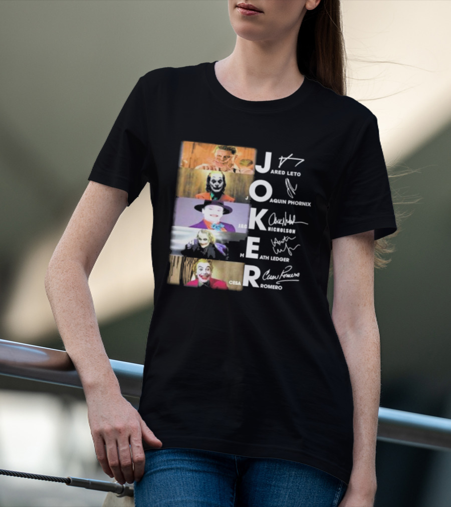 Joker Jared Leto Joaquin Phoenix Jack Nicholson Heath Ledger Cesar Romero Signatures DC Comics Movies All Stars Eras T-Shirt