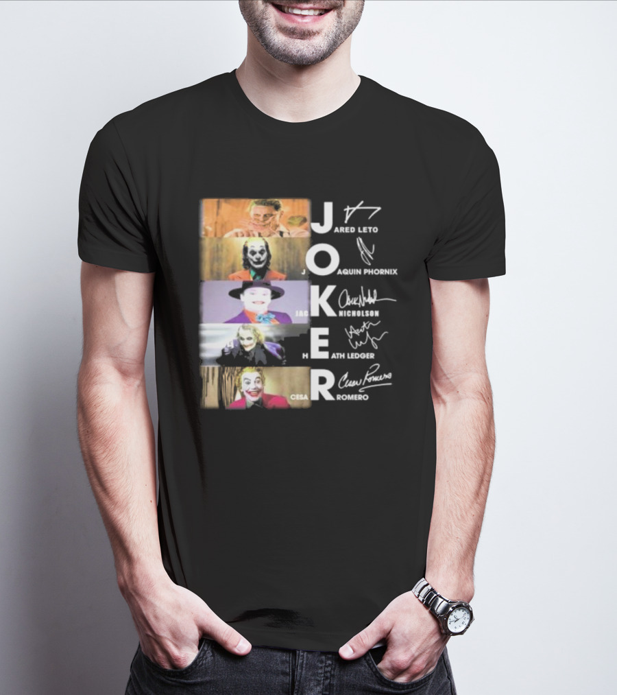 Joker Jared Leto Joaquin Phoenix Jack Nicholson Heath Ledger Cesar Romero Signatures DC Comics Movies All Stars Eras T-Shirt