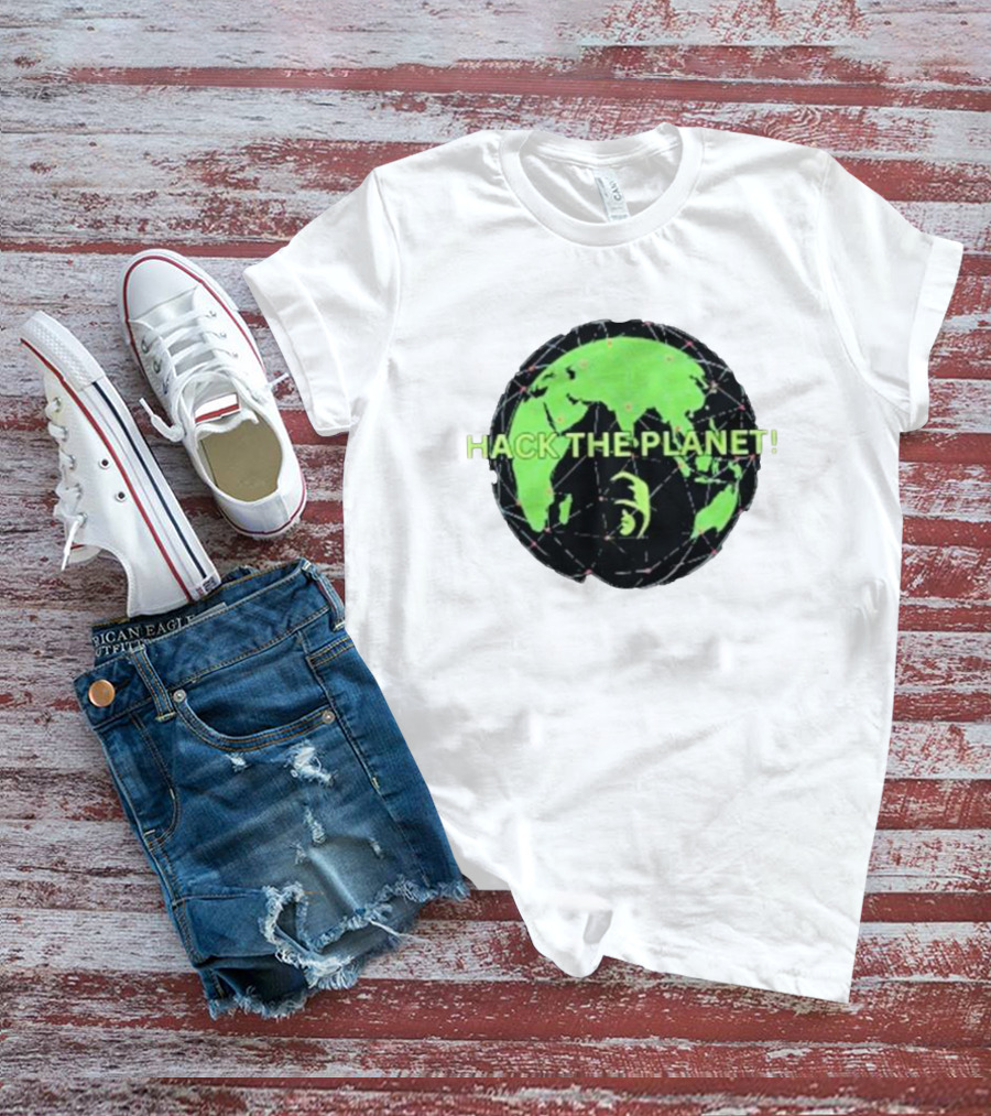 Hack The Planet Green And Black Globe Motif T-Shirt