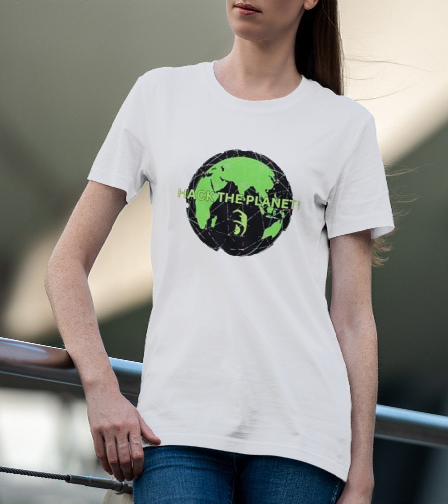 Hack The Planet Green And Black Globe Motif T-Shirt